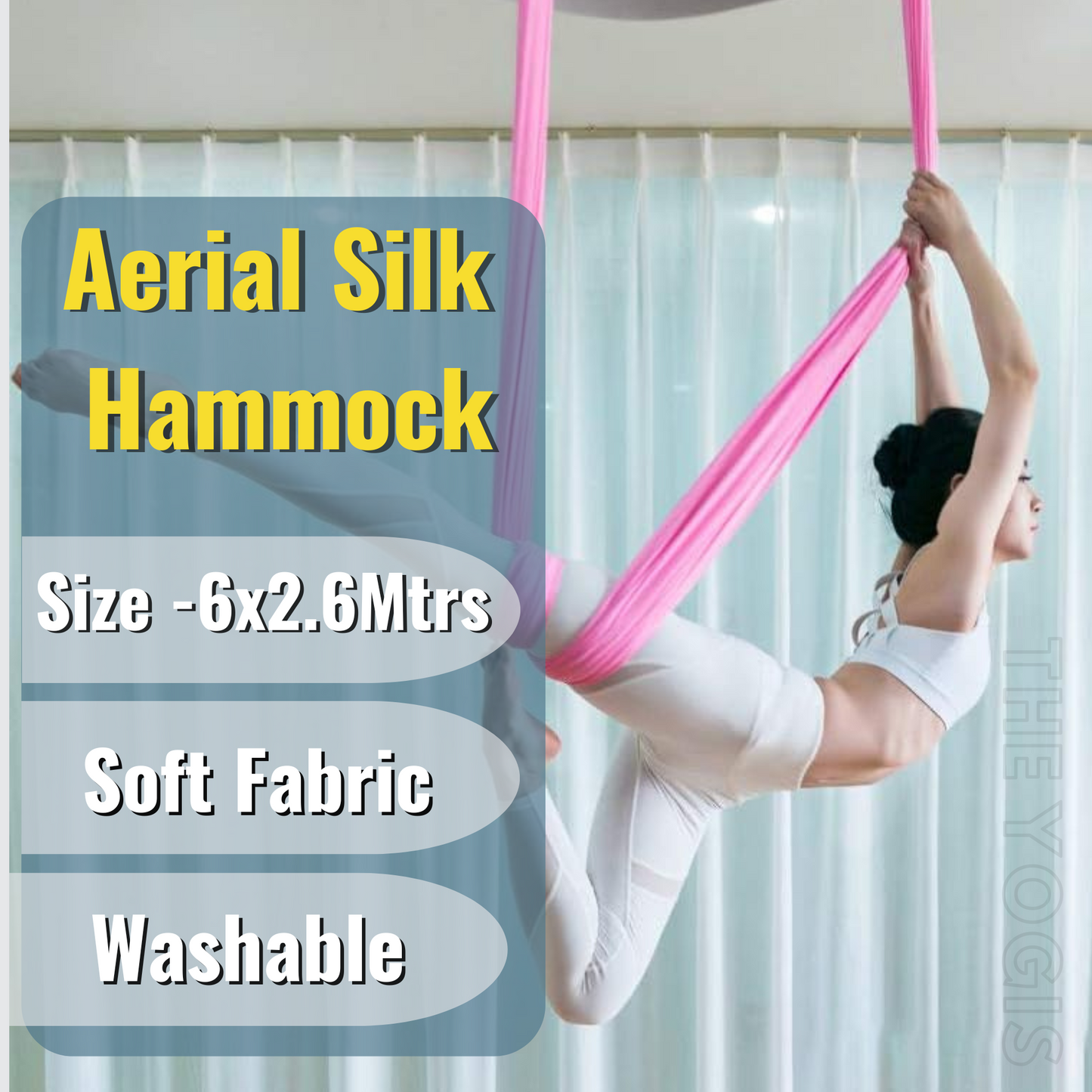 Aerial Yoga Hammock Kit |Silk Fabric | 2 Carabiners , 2 Daisy Chain | Pink