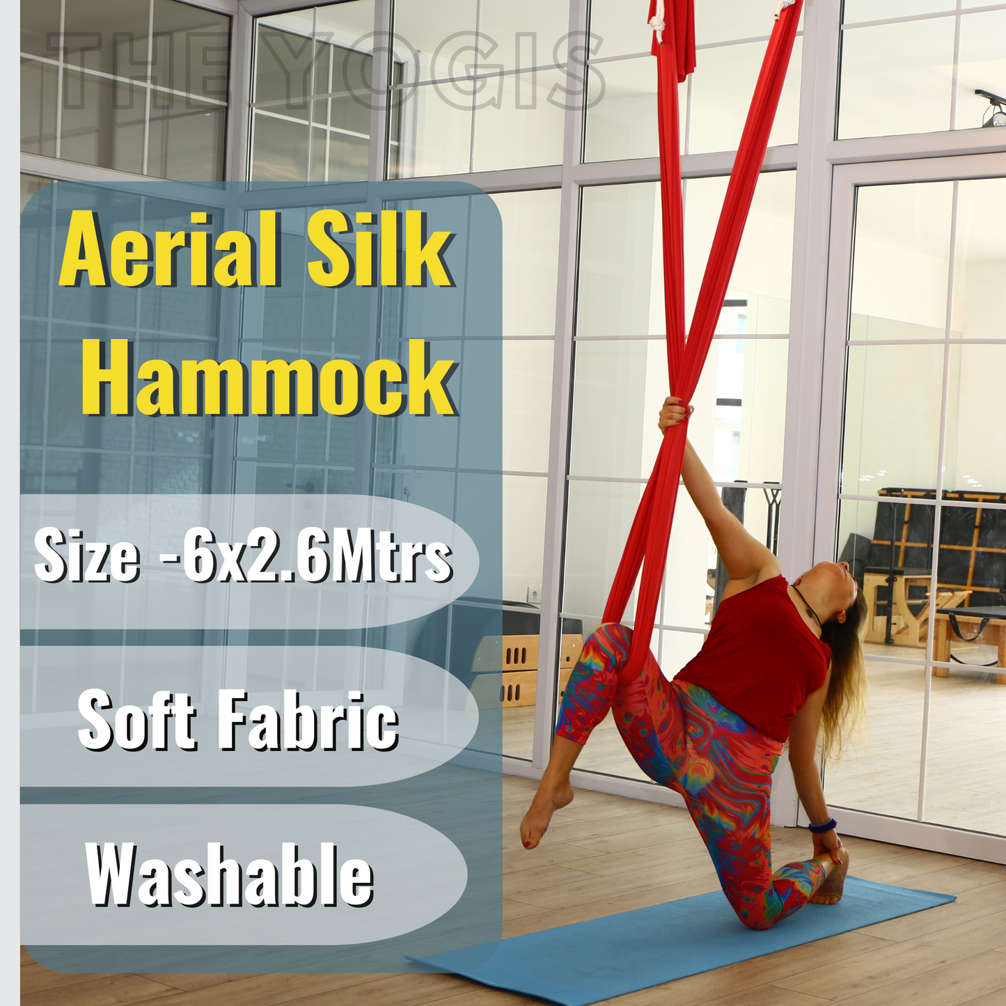 Aerial Yoga Hammock Full Kit |Silk Fabric | 2 Carabiners , 2 Daisy Chain, 2 Mounts | Red
