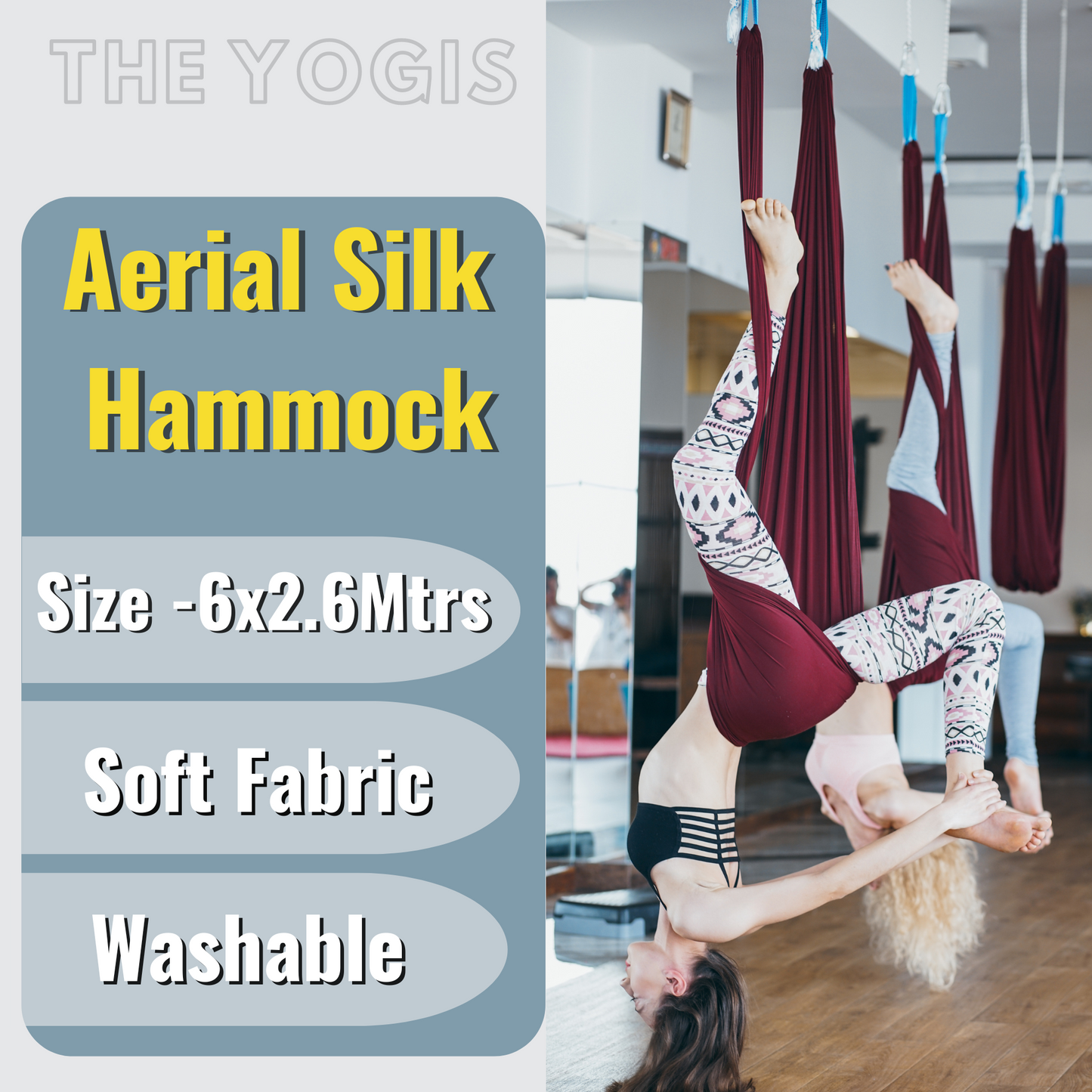 Aerial Yoga Hammock Full Kit |Silk Fabric | 2 Carabiners , 2 Daisy Chain, 2 Mounts | Maroon