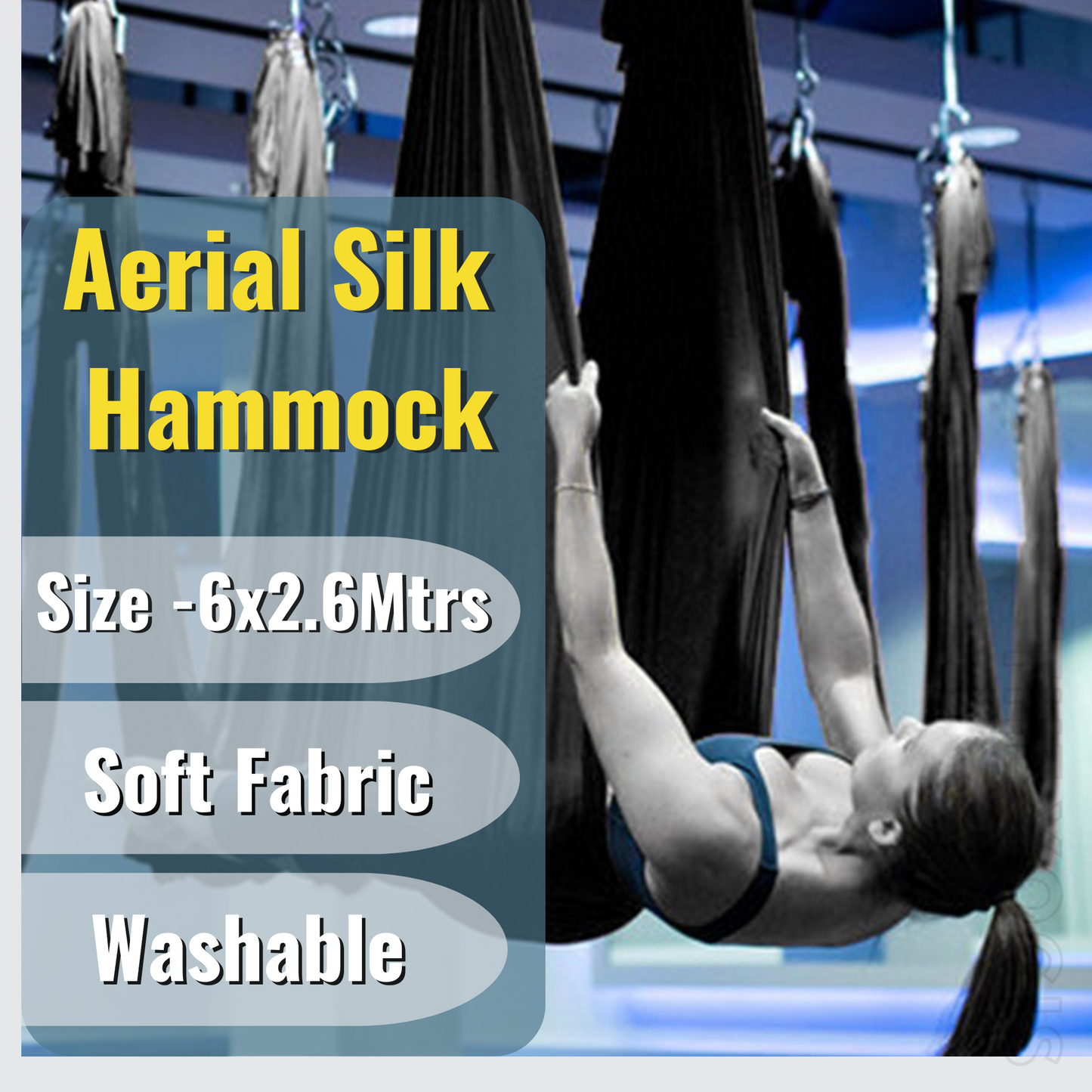 Aerial Yoga Hammock Full Kit |Silk Fabric | 2 Carabiners , 2 Daisy Chain, 2 Mounts | Black