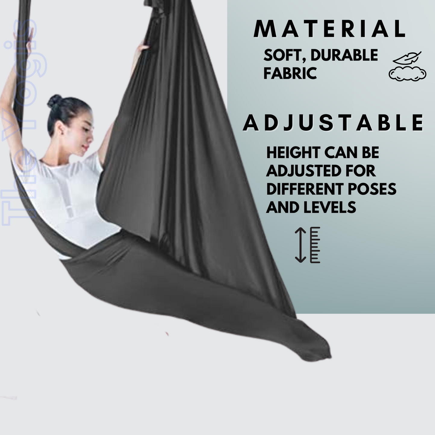 Aerial Yoga Hammock Full Kit |Silk Fabric | 2 Carabiners , 2 Daisy Chain, 2 Mounts | Black