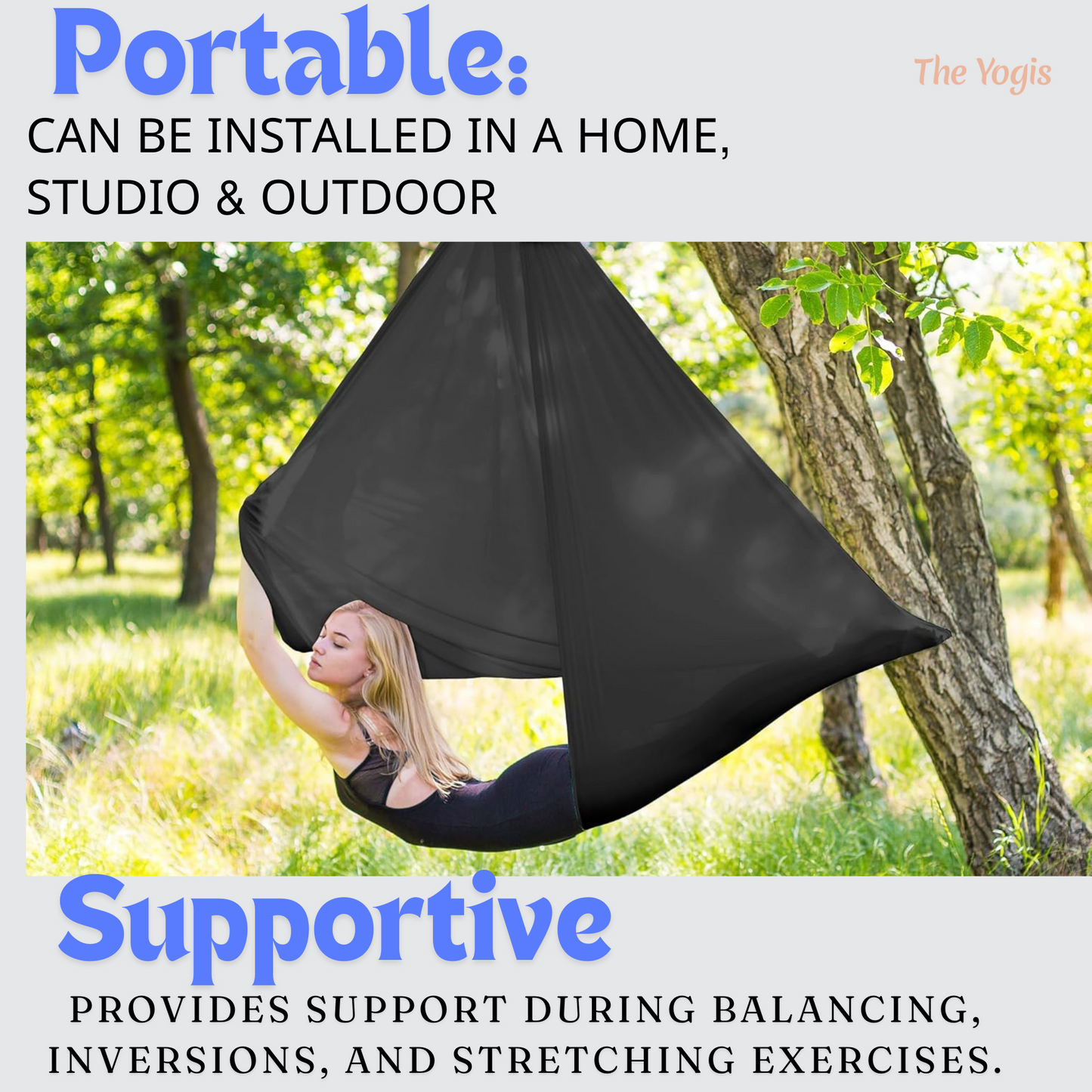 Aerial Yoga Hammock Full Kit |Silk Fabric | 2 Carabiners , 2 Daisy Chain, 2 Mounts | Black