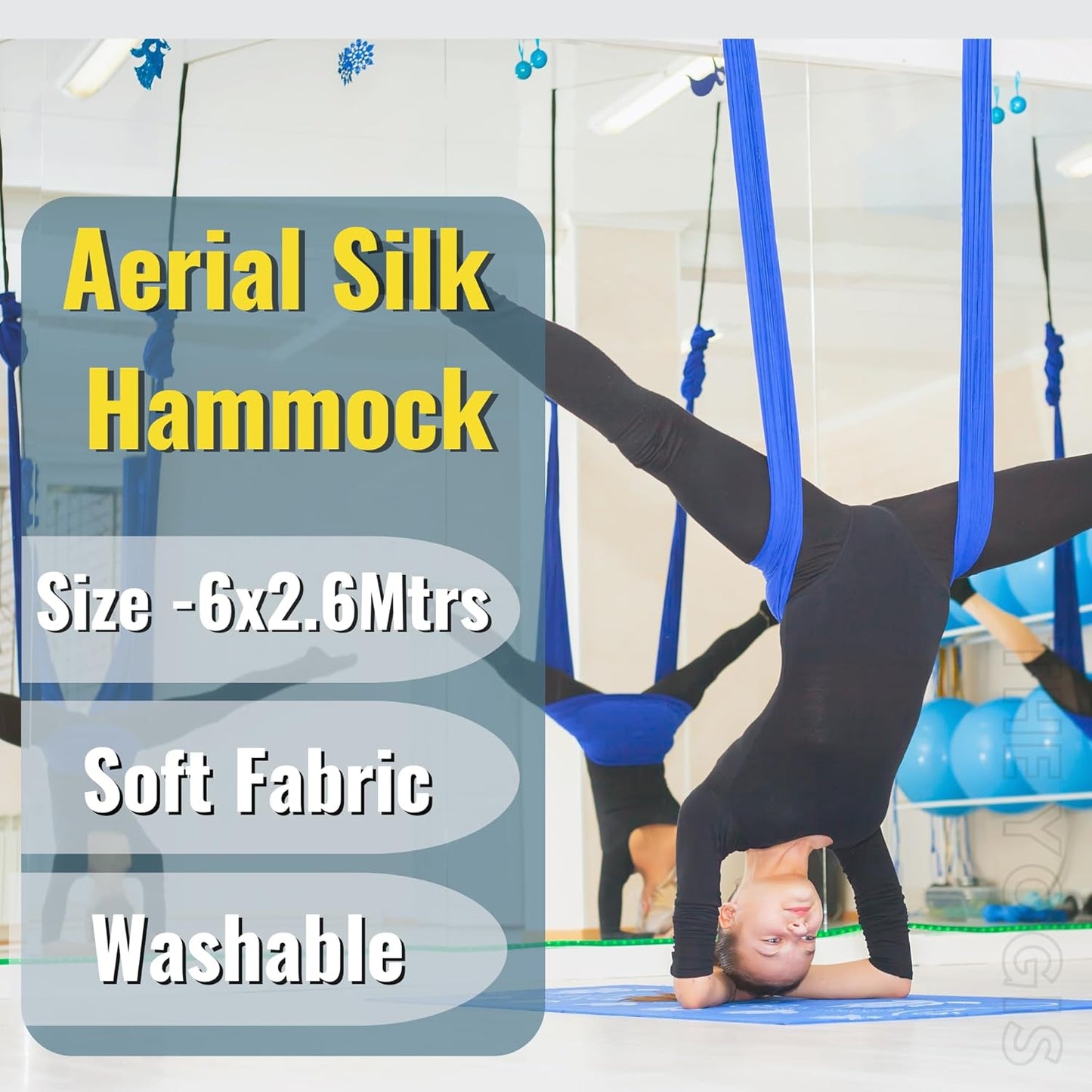 Aerial Yoga Hammock Full Kit |Silk Fabric | 2 Carabiners , 2 Daisy Chain, 2 Mounts | Royal Blue