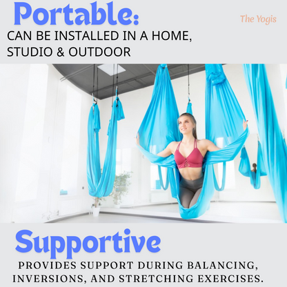Aerial Yoga Hammock Full Kit |Silk Fabric | 2 Carabiners , 2 Daisy Chain, 2 Mounts | Sky Blue