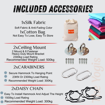 Aerial Yoga Hammock Full Kit |Silk Fabric | 2 Carabiners , 2 Daisy Chain, 2 Mounts | Sky Blue