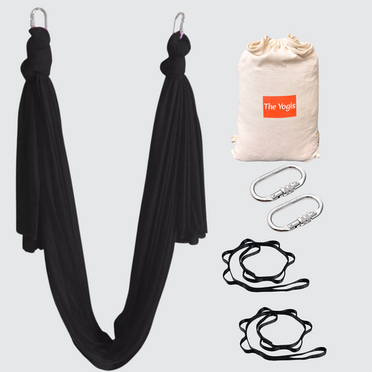 Aerial Yoga Hammock Kit |Silk Fabric | 2 Carabiners , 2 Daisy Chain | Black