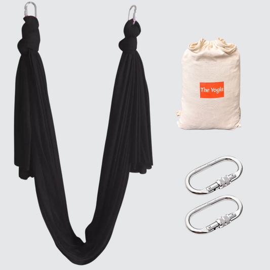 Silk Fabric Aerial Yoga Hammock 6x2.6mtrs | With 2Pcs  Carabiners | Black - Color