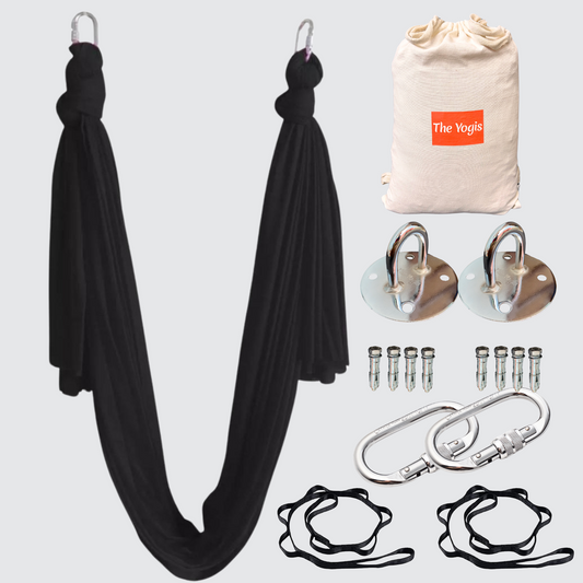 Aerial Yoga Hammock Full Kit |Silk Fabric | 2 Carabiners , 2 Daisy Chain, 2 Mounts | Black