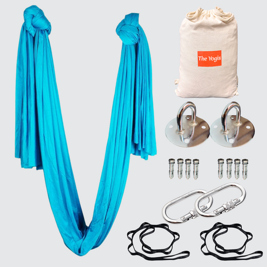 Aerial Yoga Hammock Full Kit |Silk Fabric | 2 Carabiners , 2 Daisy Chain, 2 Mounts | Sky Blue