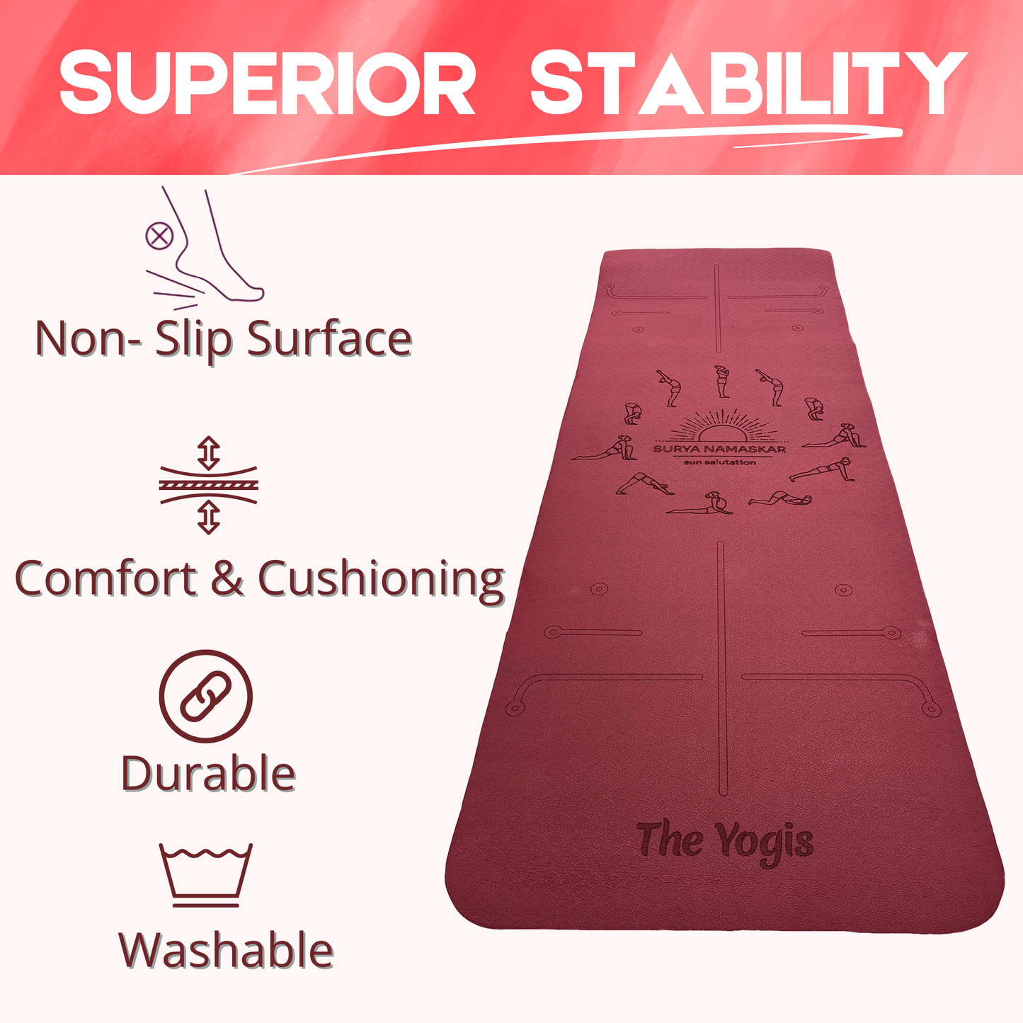 Yoga Mat With Alignment | Color- Wine | 8mm