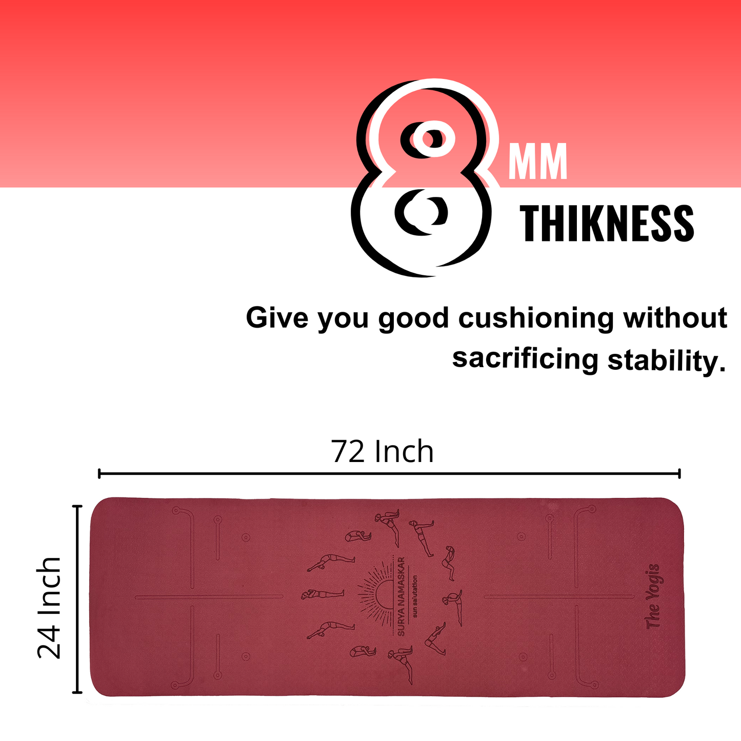 Yoga Mat With Alignment | Color- Wine | 8mm