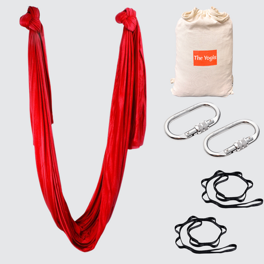 Aerial Yoga Hammock Kit |Silk Fabric | 2 Carabiners , 2 Daisy Chain | Red