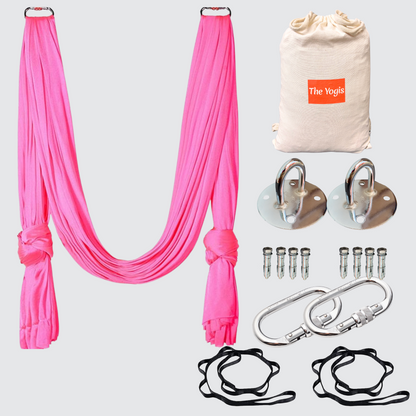 Aerial Yoga Hammock Full Kit |Silk Fabric | 2 Carabiners , 2 Daisy Chain, 2 Mounts | Pink