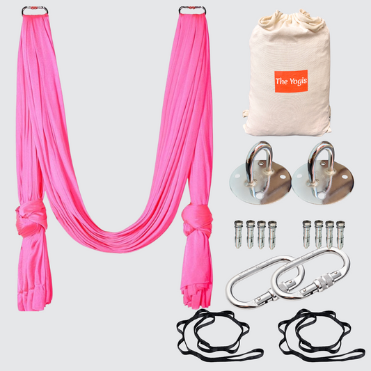 Aerial Yoga Hammock Full Kit |Silk Fabric | 2 Carabiners , 2 Daisy Chain, 2 Mounts | Pink